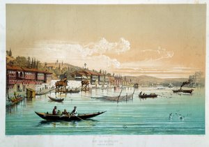 Osmanisches Reich: Ansicht des Bosporus in der Nähe von Bebek in der Türkei. Angelszenen. Gravur aus dem 19. Jahrhundert. Paris, Decorative Arts