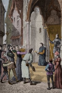 PERKIN WARBECK (ca. 1474-1499) flämischer Hochstapler; gab sich als Richard, Herzog von York, zweiter Sohn von Edward IV, aus - Liest sein Geständnis vor der Westminster Hall, London von Unknown artist