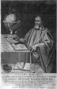 Padova Giovanni Luciano Magini (Antonius Maginus auf Latein), Mathematiker und Astronom des 16.-17. Jahrhunderts in seinem Büro mit astronomischen Geräten (Gravur 1617)