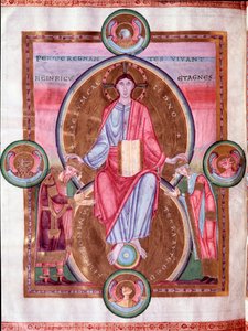 Seite aus der Kaiserbibel: Christus umgeben vom Tetramorph, zwischen Kaiser Heinrich III. und seiner Frau Agnes von Poitou (Miniatur) von Unknown artist