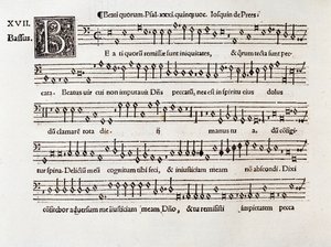 Seite einer Partitur von Beati quorum psalm XIII von Willaert (1538)