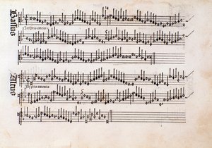 Seite der Partitur von Harmonice Musices Odhecaton von Ottaviano Petrucci (1501)