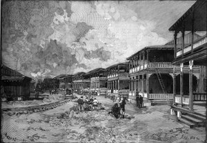 Panamakanal. Straße der neuen Stadt Christoph Kolumbus in Colon: Arbeiterwohnungen. Gravur in „Le Monde Illustré“.
