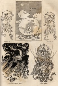 Pantheon der japanischen Gottheiten, traditionelle Darstellung einiger typischer Figuren: die Himmelskönigin flankiert von zwei Wachen; der Maki Tats, Drache des Taifuns und der Waffenmeister. Gravur zur Illustration der Reise nach Japan in den Jahren 1863 von Unknown artist