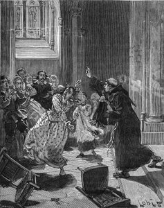 Paris, Kirche Sainte Genevieve (Sainte-Genevieve) (1599): Ein Kapuzinermönch versucht, eine Frau, Martha, die behauptet, vom Teufel besessen zu sein, zu exorzieren. Gravur des 19. Jahrhunderts. In „Histoire de France“ von Jules Michelet von Unknown artist