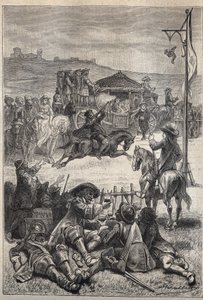 Papageienschießen - Illustration des 19. Jahrhunderts für den historischen Roman „Die Puritaner von Schottland“ (Old Mortality) von Walter Scott (1771-1832).