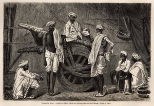 Bauern aus Scind (Punjab-Region, Indien), neben ihren landwirtschaftlichen Maschinen. Gravur zur Illustration der Reise nach Pandjab und Kaschmir, Geschichte von Guillaume Lejean, 1866, veröffentlicht in "Le tour du monde, nouveau journal des voyages" von Unknown artist