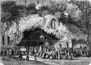 Pilger vor der wundersamen Höhle von Lourdes in den Hohen Pyrenäen, wo die Jungfrau Maria 1858 Bernadette Soubirous (1844-1879) erschien, heutiger Wallfahrtsort. Gravur des 19. Jahrhunderts