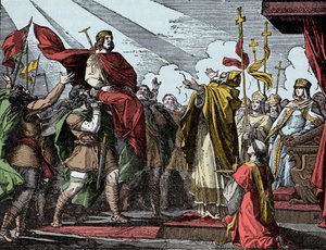 Pippin zum König der Franken ausgerufen - Krönung von Pippin dem Kurzen (714-768), Basilika von Saint Denis, 28. Juli 754: Papst Stephan II. weihte ihn zum König der Franken und Patrizier der Römer (Patricius Romanorum)