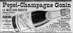 Pepsi Champagne Gonin (Pepsi-Champagne der Marke Gonin). Digestif, zubereitet in Reims mit Champagner und Pepsin. Alkohol empfohlen bei Dyspepsie, Magenkrämpfen, Gastralgie, Schwangerschaftserbrechen, Anämie... (in Apotheken erhältlich). Gravur in „La Natu von Unknown artist