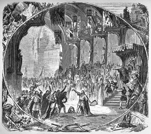Aufführung von „Tannhäuser“ von Richard Wagner an der Pariser Oper im Jahr 1861. Letzte Szene des zweiten Akts.