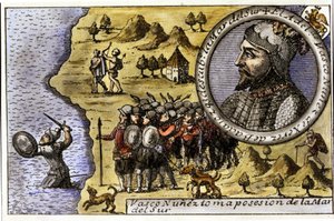 Darstellung von Vasco Núñez de Balboa (1475-1517), spanischer Seefahrer, der als einer der ersten den Pazifischen Ozean entdeckte, indem er die Landenge von Darién überquerte. Gravur
