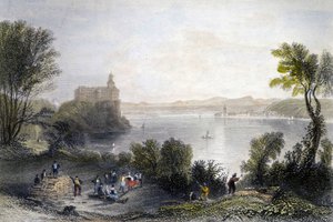 Schloss Persenberg in Deutschland. Im Vordergrund die Holzarbeiter bei der Arbeit. Gravur des 19. Jahrhunderts