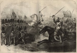 Persisch-Anglo-Krieg (1856-1857): Der Angriff der 3. britischen Indo-Kavallerie unter dem Kommando von Kapitän Forbes während der Schlacht von Koosh-Ab am 8. Februar. von Unknown artist