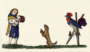 Dressierte Haustiere: ein Hund und ein Hahn tanzen auf Stelzen im Rhythmus der Trommel. Gravur aus einem Manuskript von 1344 aus der Bodleian Library in Oxford