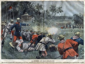 Philippinisch-Amerikanischer Krieg - Truppen von Emilio Aguinaldo, abgeschnitten in der Nähe von Polo, widerstehen heftig dem Angriff amerikanischer Truppen unter dem Kommando von General Mac-Arthur - Gravur in „Le-Pelerin“ von 1899 von Unknown artist