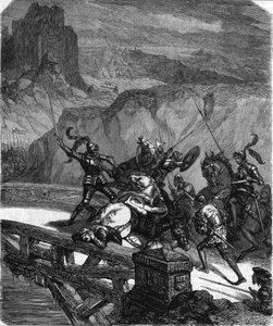 Pierre Terrail, Herr von Bayard, verteidigt die Brücke von Garigliano (Italien) im Jahr 1503. Gravur aus dem 19. Jahrhundert.