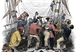 Piraten feiern die Eroberung einer reichen Beute nach dem Angriff auf ein feindliches Schiff. Gravur aus dem 19. Jahrhundert