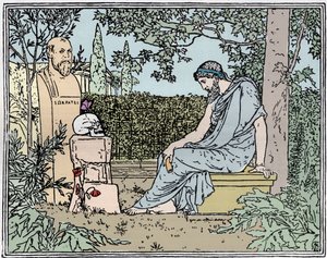Platon meditiert über die Unsterblichkeit vor Sokrates, dem Schmetterling, dem Schädel und der Mohnblume um 400 v. Chr. - Gravur des 19. Jahrhunderts