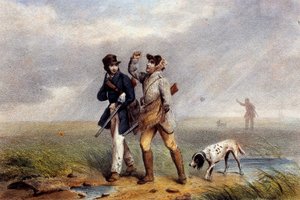 Angenehmes Jagdspiel, zwei Jäger im Gespräch. Lithographie des 19. Jahrhunderts Gien, Jagdmuseum