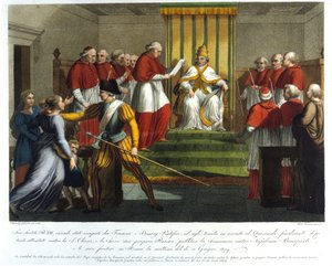 Papst Pius VII. (1742 - 1823) exkommunizierte Napoleon Bonaparte am 10. Juni 1809. Gravur des 19. Jahrhunderts. von Unknown artist