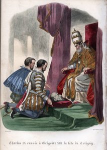 Papst Gregor XIII. (1502-1585) erhält den Kopf von Gaspard de Coligny (1519-1572), der beim Massaker an der Bartholomäusnacht 1572 ermordet wurde, als Geschenk von König Karl IX. von Frankreich (1550-1574)