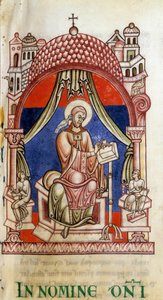Papst Gregor I. der Große, umgeben von zwei Sekretären. Er wird mit einer Taube auf der Schulter dargestellt, Symbol des Heiligen Geistes