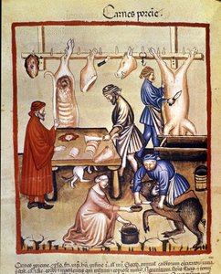 Schweineproduktion. Das Schwein wird geschlachtet und die Metzger schneiden die Stücke. Illumination aus der Milch der Medizin und Diätetik „Tacuinum sanitatis“ von Unknown artist