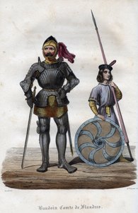 Porträt von Balduin I., Graf von Flandern (830er-879), auch bekannt als Balduin Eisenarm. Gravur von 1842 in „Histoire des popes“ von Maurice Lachatre. Private Sammlung.