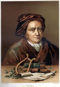 Porträt von Bernard Le Bouyer (Le Bovier) de Fontenelle (1657-1757). Chromolithographie Ende des 19. Jahrhunderts. basierend auf „La Ciencia y sus Hombres“ von Louis Figuier. Barcelona 1881