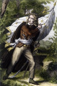 Porträt von Chef Chouan Jacques Cathelineau (1759-1793) mit der Fahne mit Lilienblumen von Unknown artist