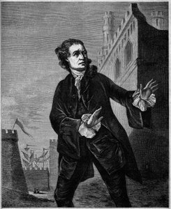 Porträt von David Garrick (1717-1779), englischer Komiker, als Shakespeares „Hamlet“. Gravur von Wilson in „Le Magasin pittoresque“