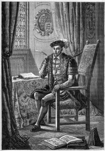 Porträt von Edward VI. (1537-53) - Porträt von König Edward VI. von England und Irland (1537-1553) beim Schreiben seines Tagebuchs - Gravur in „L