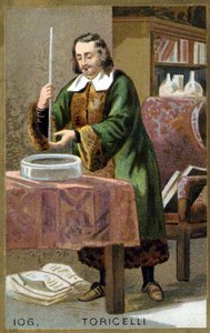 Porträt von Evangelista Torricelli (1608 - 1647), italienischer Physiker mit seiner Erfindung des Barometers (Quecksilberrohr). Chromolithografie des 19. Jahrhunderts von Unknown artist