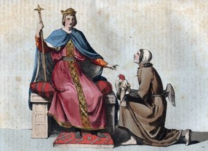 Porträt von Friedrich II. von Hohenstaufen, Kaiser des Heiligen Römischen Reiches mit seinem Falkner - Porträt von Friedrich II. von Hohenstaufen (1194-1250), König des Heiligen Römischen Reiches mit seinem Falkner - Gravur aus „Usi e Costumi di Tutti i Po