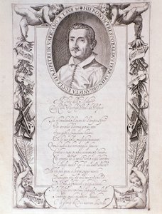 Porträt von Girolamo Frescobaldi (1583-1643) italienischer Komponist Stich aus dem Frontispiz der „Tocrate“-Partitur. 1637. Bologna, Museo civico Museo