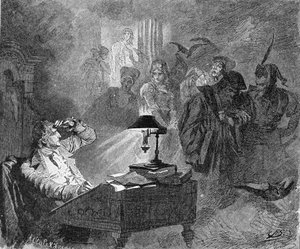 Porträt von Goethe umgeben von Faust-Charakteren Gravur