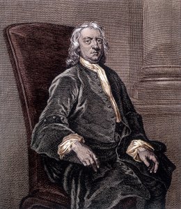 Porträt von Isaac Newton, sitzend in einem Sessel - Gravur