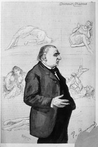 Porträt von Jean Martin Charcot (1825 - 1893) mit Zeichnungen, die Patienten mit Hysterie darstellen