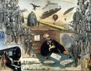 Porträt von Jules Verne und Szenen seiner Werke - Werbeplakat für seine Gesamtwerke