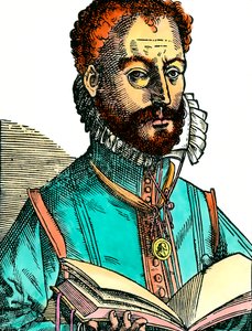 Porträt von Orlandus Lassus (1531-1594), Musiker der franko-belgischen Schule, der ein offenes Buch hält. Gravur aus dem 16. Jahrhundert von Unknown artist