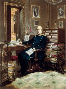 Porträt von Prinz Otto von Bismarck (1815-1898), Kanzler und preußischer Politiker, in seinem Büro. Farblithographie