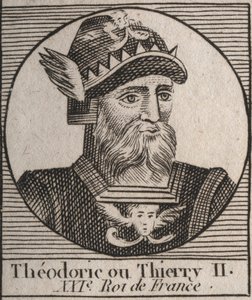 Porträt von Theuderich II. (587-613), König der Franken von Austrasien und Burgund von 595 bis 613 - Theuderich II. (Theuderic oder Theuderich, Theoderic oder Theodoric II.), König von Burgund und Austrasien - Gravur aus „Unterricht über die Geschichte Fra