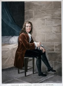 Porträt von Voltaire in der Bastille, wie er die Henriade verfasst. Gravur des 19. Jahrhunderts. Musée Carnavalet. von Unknown artist