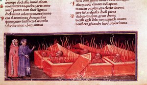 Porträt des italienischen Dichters Dante Alighieri unter den Ketzern von Virgil (Gesang X der Hölle, in der Göttlichen Komödie) - Miniatur