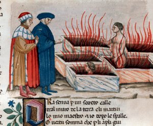 Porträt des italienischen Dichters Dante Alighieri mit Virgil unter den Ketzern als Farinata degli Uberti (Gesang 10 aus der Hölle, in der Göttlichen Komödie)