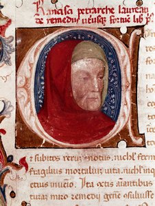 Porträt des italienischen Dichters Francesco Petrarca (1304-1374) (Detail). Seite aus dem Manuskript „Les remedes aux deux fortunes“ (De remediis Utriusque Fortunae) von Petrarca. 1360-1366 Venedig, Biblioteca Marciana von Unknown artist