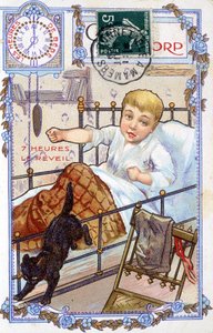 Postkarte zeigt den Tagesablauf eines Kindes. Um 7 Uhr wacht das Kind auf. von Unknown artist