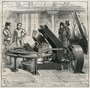 Töpferei: Fleury-Maschine zur mechanischen Formgebung von Ziegeln. Gravur von 1885 in „Les arts et metiers illustres“ von Adolphe BITARD von Unknown artist