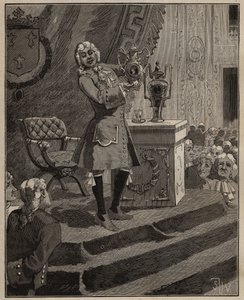 Töpferei: Pierre Joseph Macquer (1718-1784) präsentiert der Akademie das erste harte Porzellan, das 1769 von der Sevres-Fabrik in Frankreich hergestellt wurde. Gravur von 1885 in „Les arts et métiers illustrés“ von Adolphe Bitard.